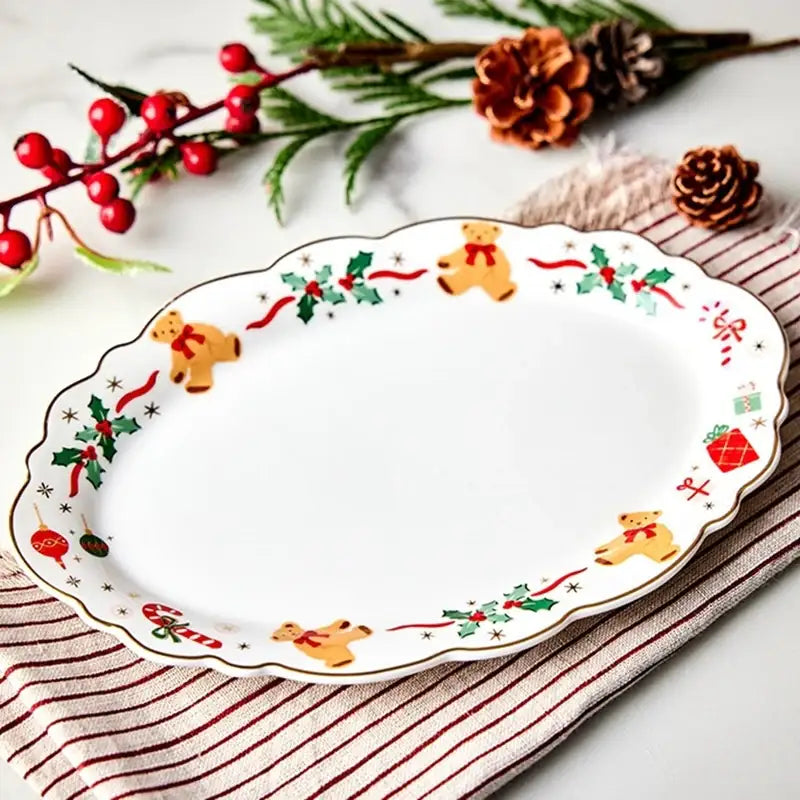 Korean Winter Story - Scallop Gold Rim Oval Dessert Plate - Modern House - Plates - Harumio