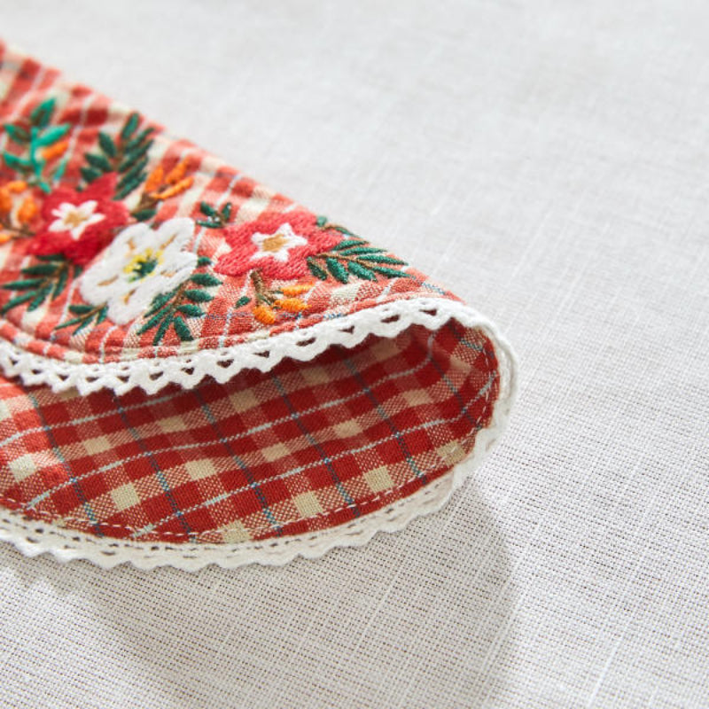 Korean L Red Check - Vintage Flower Embroidery Tea Coaster