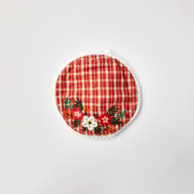 Korean L Red Check - Vintage Flower Embroidery Tea Coaster