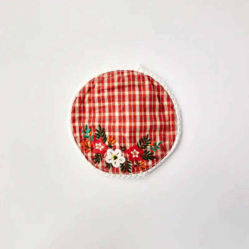 Korean L Red Check - Vintage Flower Embroidery Tea Coaster - Modern House - Coasters - Harumio