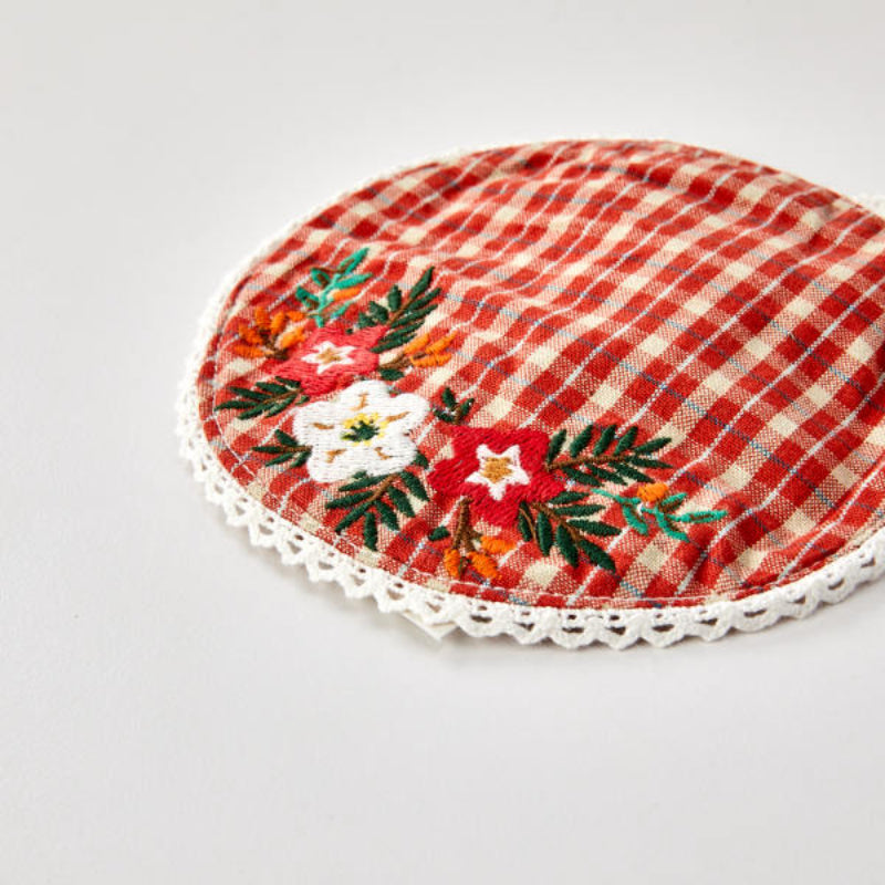 Korean L Red Check - Vintage Flower Embroidery Tea Coaster