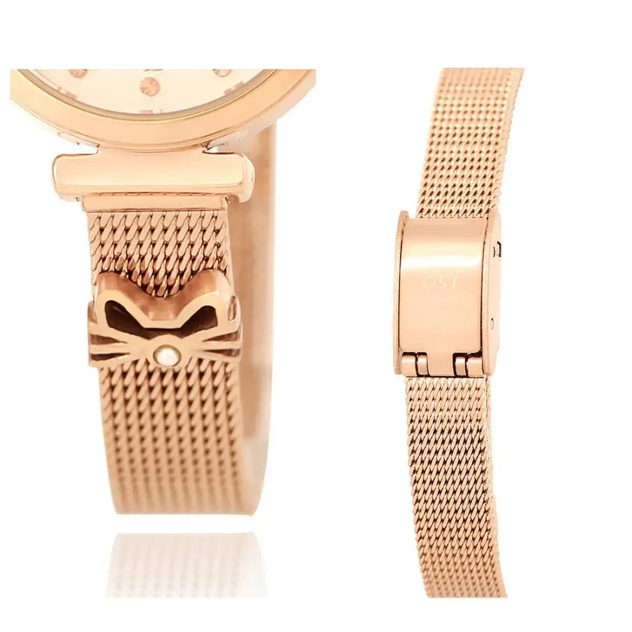 OST - My Little Friends - Cat Ribbon Rose Gold Mesh Metal Watch - My Little Friends - Jewelry - Harumio