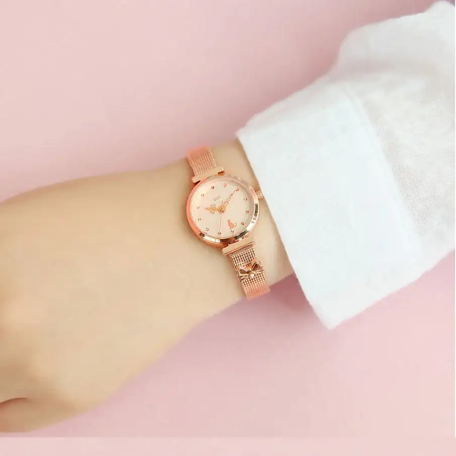OST - My Little Friends - Cat Ribbon Rose Gold Mesh Metal Watch - My Little Friends - Jewelry - Harumio