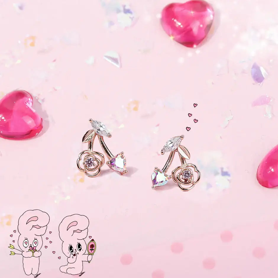 Clue X Esther Bunny - YoungLong Cherry Aurora Heart Silver Earrings - CLUE - Accessories - Harumio