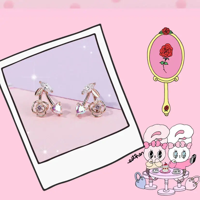 Clue X Esther Bunny - YoungLong Cherry Aurora Heart Silver Earrings - CLUE - Accessories - Harumio