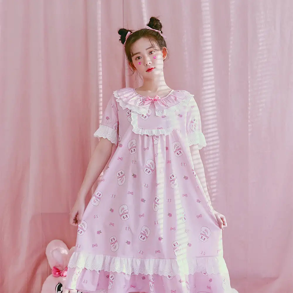 Esther Bunny x Ullala - Heart Bunny Short Sleeve Dress Pajamas - Esther Bunny x Ullala - Clothing - Harumio