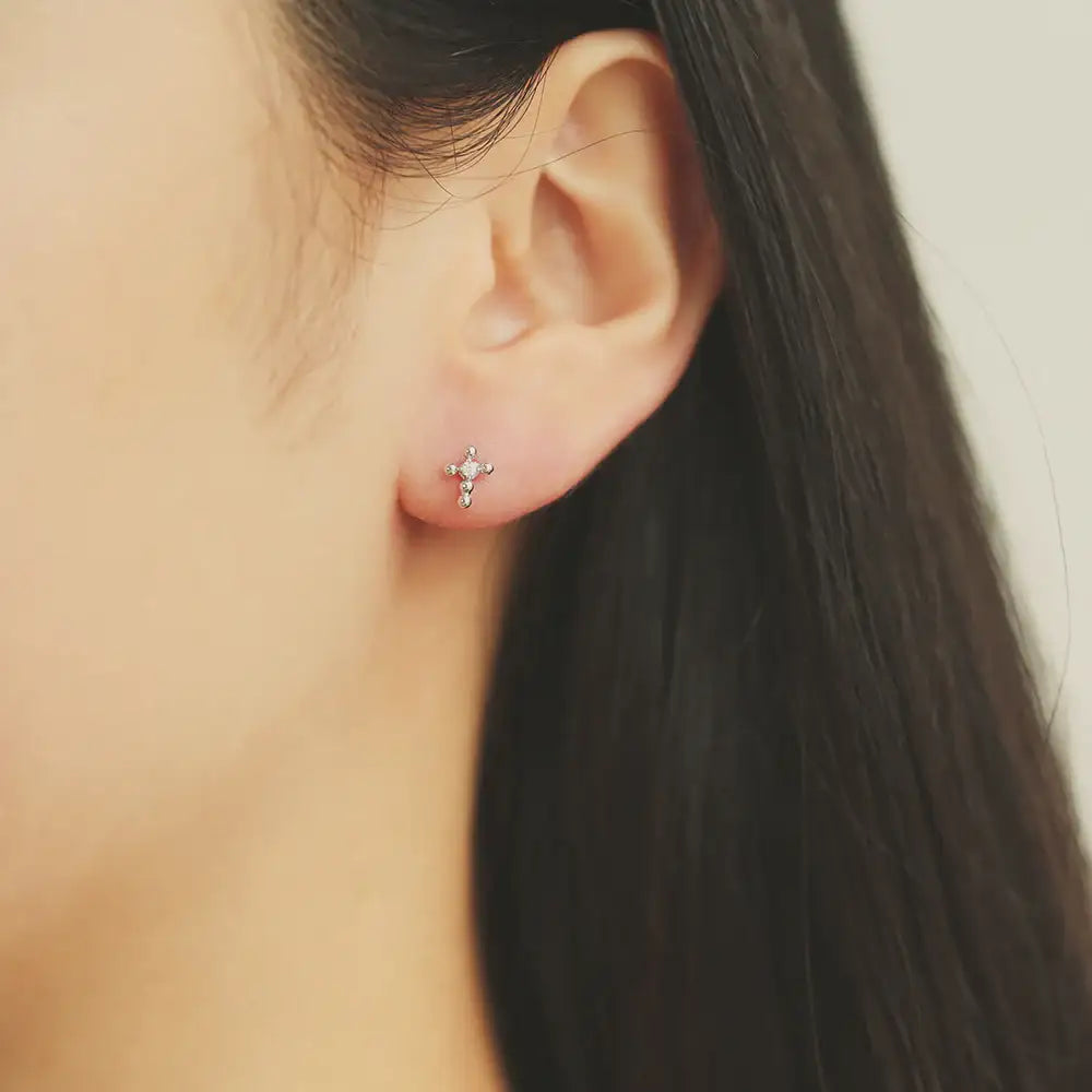 OST - Cubic Cross Silver Plated Ear Pierce - OST - Jewelry - Harumio