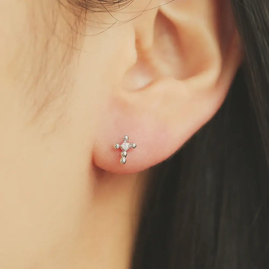 OST - Cubic Cross Silver Plated Ear Pierce - OST - Jewelry - Harumio