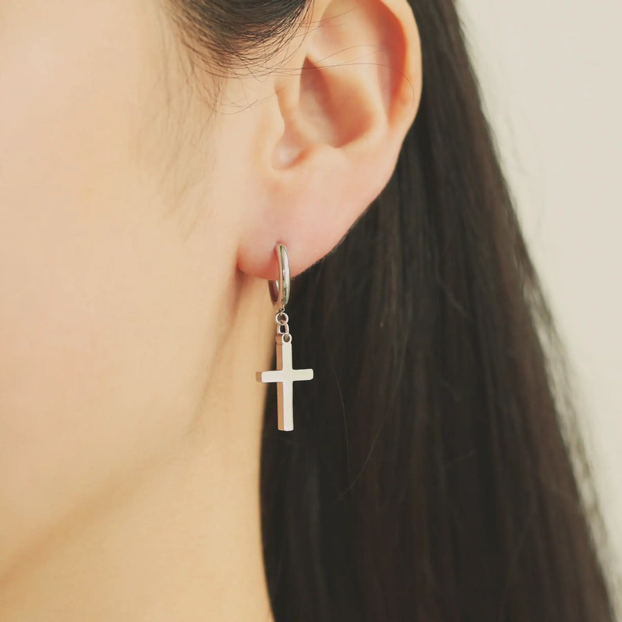 OST - Bold Cross Silver Plated Ear Pierce - OST - Jewelry - Harumio