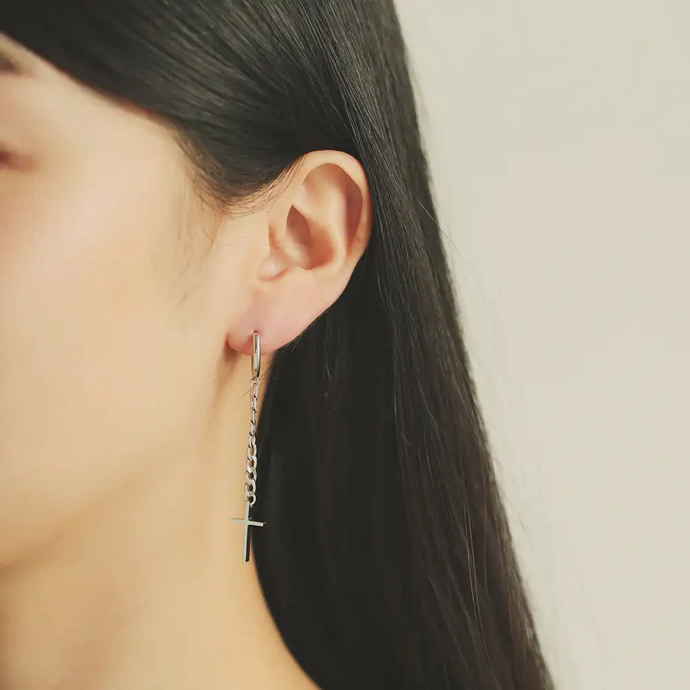 OST - Chain Cross Silver Plated Ear Pierce - OST - Jewelry - Harumio