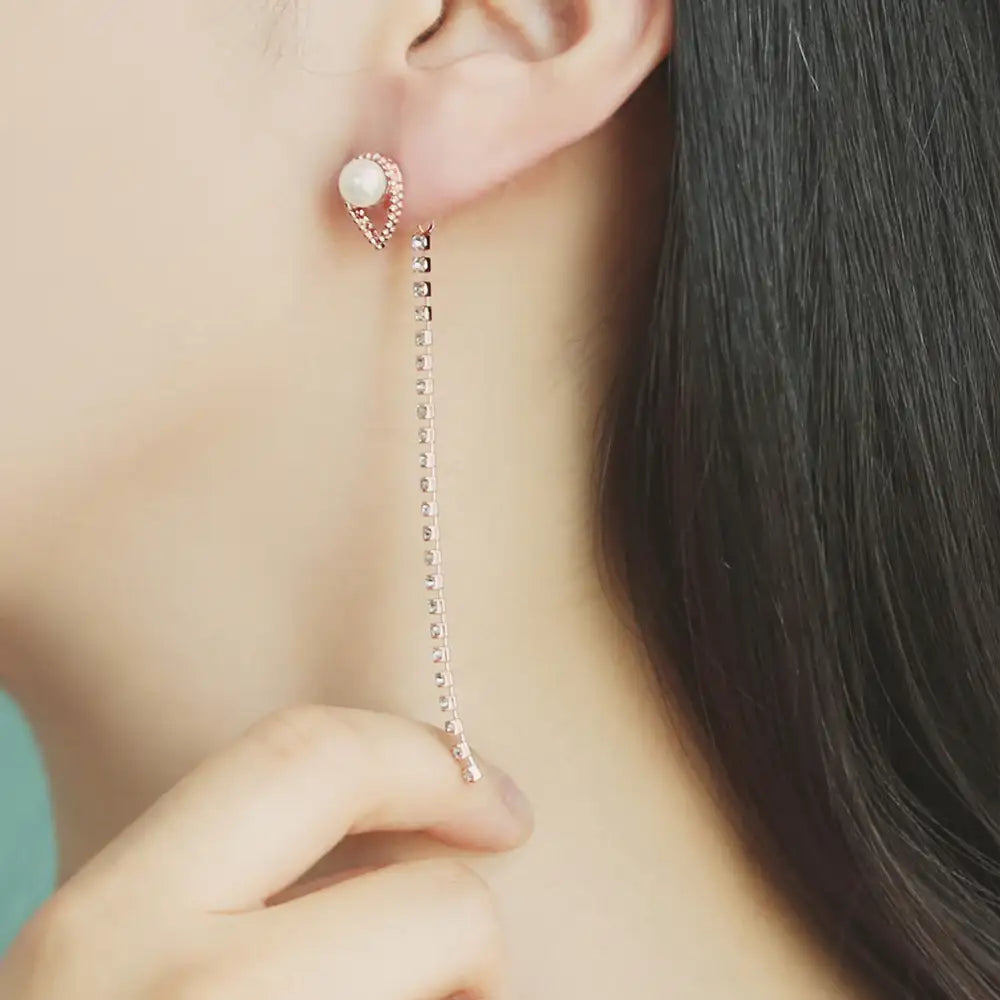 OST - Pearl Long Cubic Rose Gold Earrings - OST - Jewelry - Harumio