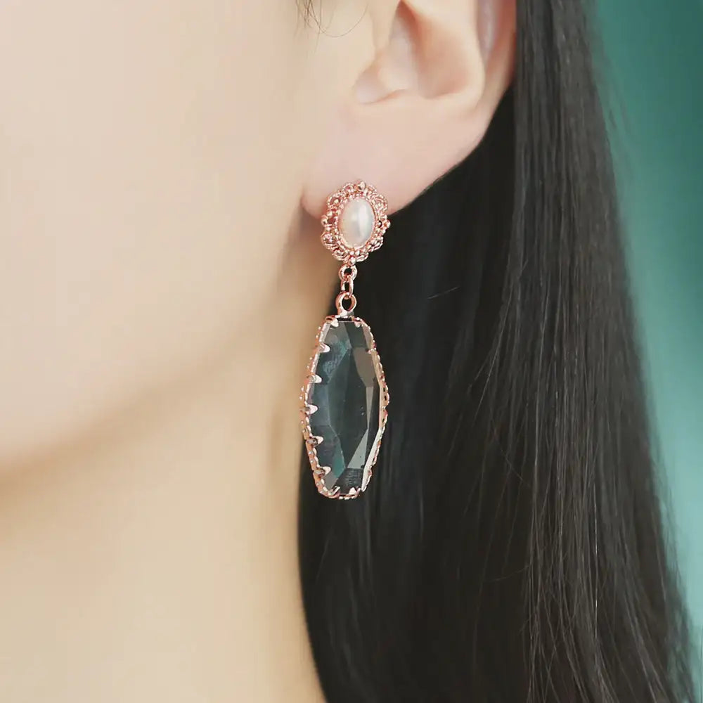 OST - Transparent Cubic Drop Antique Pearl Rose Gold Earrings - OST - Jewelry - Harumio