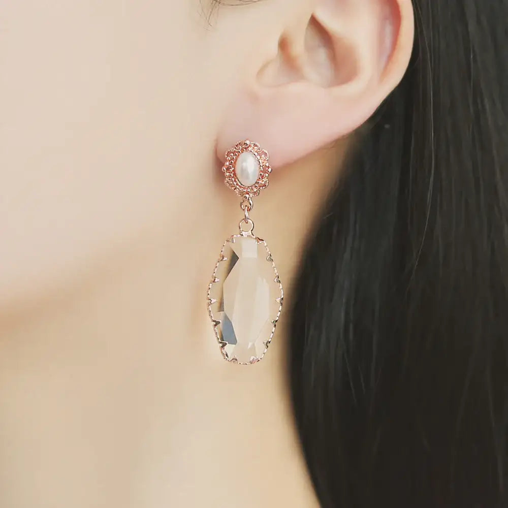 OST - Transparent Cubic Drop Antique Pearl Rose Gold Earrings - OST - Jewelry - Harumio