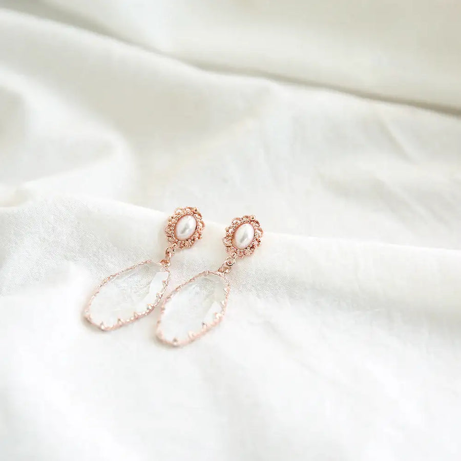 OST - Transparent Cubic Drop Antique Pearl Rose Gold Earrings - OST - Jewelry - Harumio