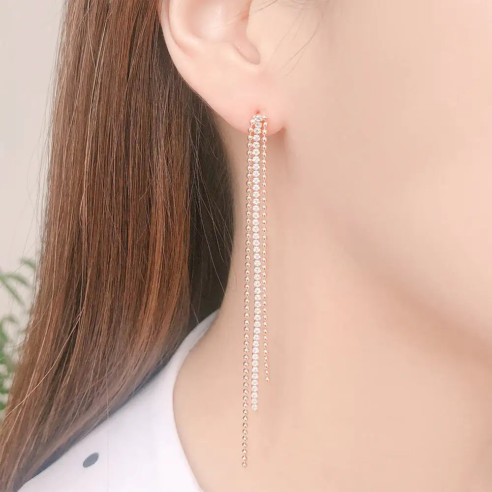 OST - Glam Rose Gold Double Chain Cubic Long Earrings - OST - Jewelry - Harumio