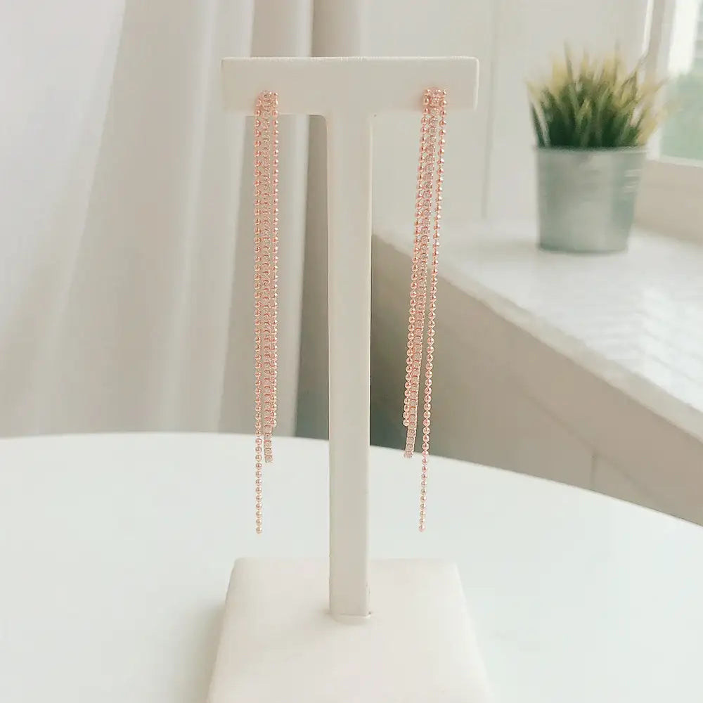 OST - Glam Rose Gold Double Chain Cubic Long Earrings - OST - Jewelry - Harumio