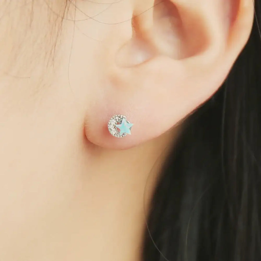 OST - Moon and Star Silver Ear Pierce - OST - Jewelry - Harumio