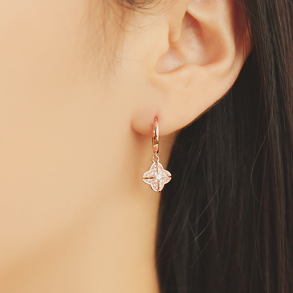 OST - Four Leaf Volume Flower One Touch Rose Gold Earrings
