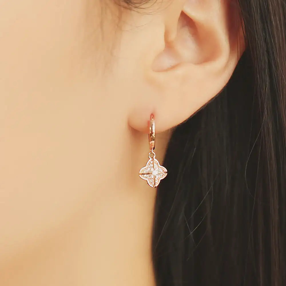 OST - Four Leaf Volume Flower One Touch Rose Gold Earrings - OST - Jewelry - Harumio