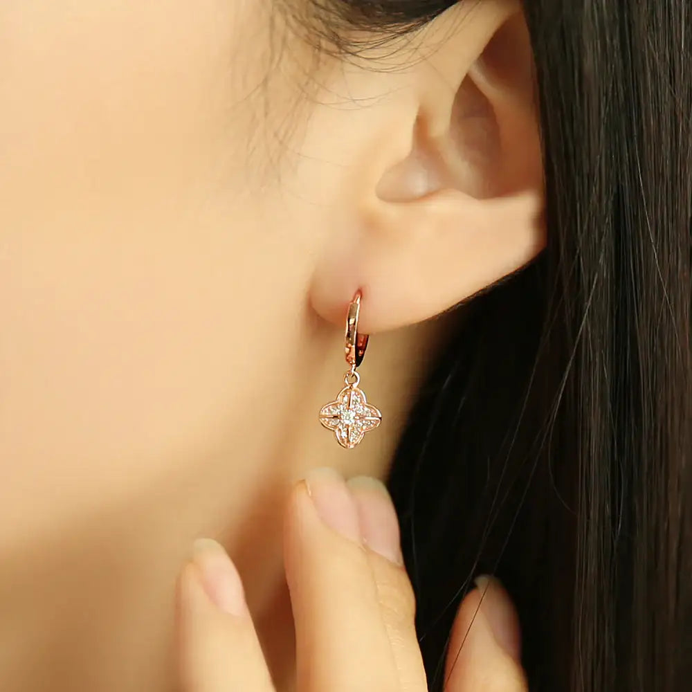 OST - Four Leaf Volume Flower One Touch Rose Gold Earrings - OST - Jewelry - Harumio