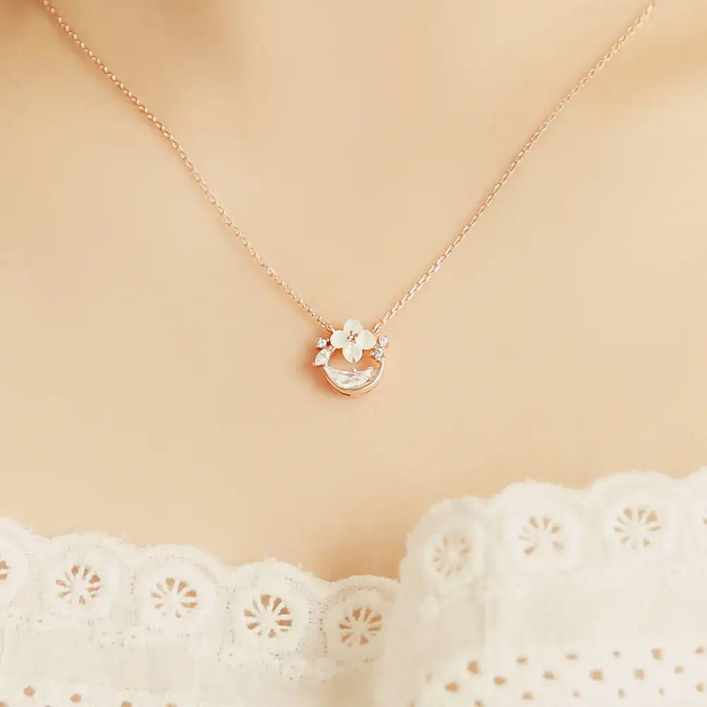 OST - Milky Crescent Mother-of-Pearl Moonlight Garden Silver Necklace - OST - Jewelry - Harumio