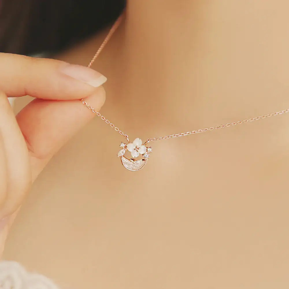 OST - Milky Crescent Mother-of-Pearl Moonlight Garden Silver Necklace - OST - Jewelry - Harumio
