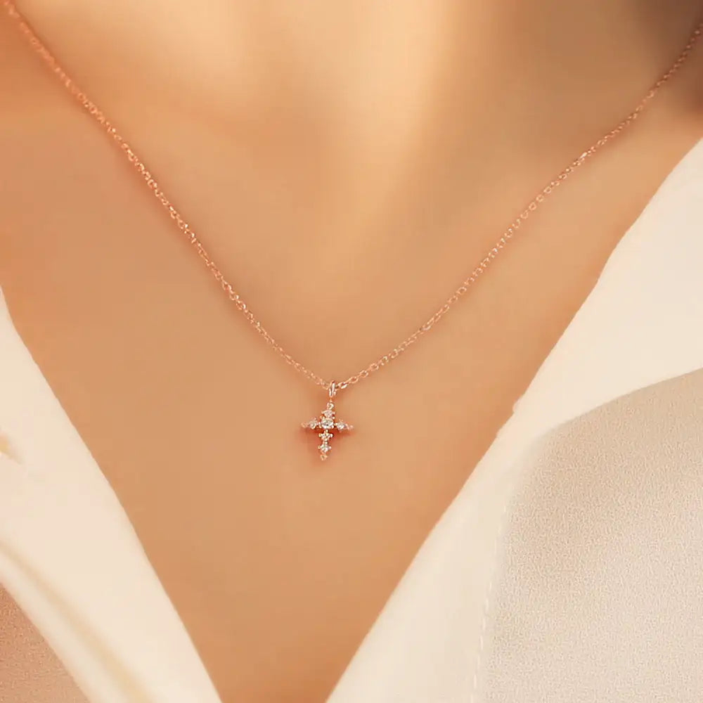 OST - Simple Cubic Cross Rose Gold Necklace - OST - Jewelry - Harumio