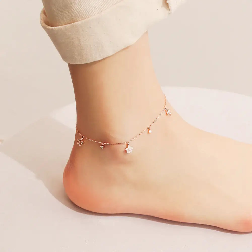 OST - White Mother-of-Pearl Flower Rose Gold Anklet - OST - Jewelry - Harumio