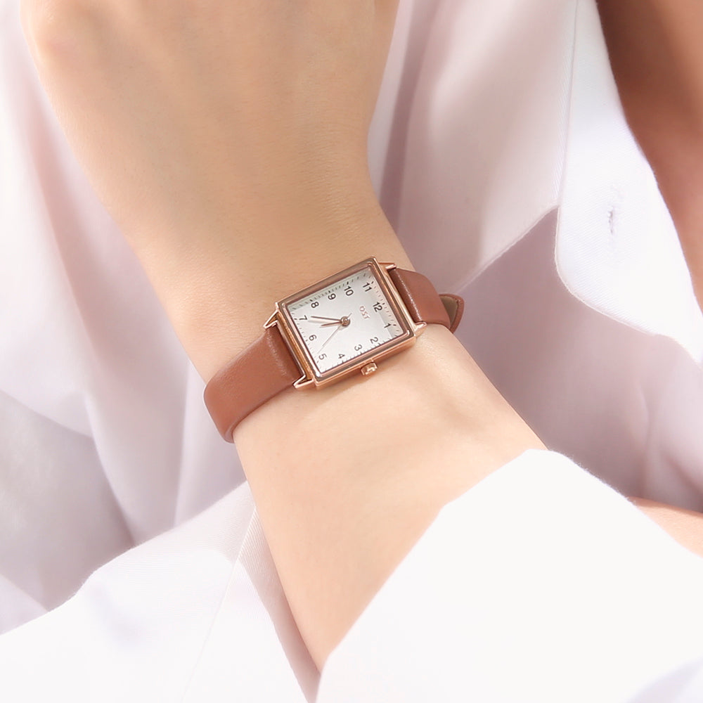 OST - Modern Square Brown Women's Leather Watch