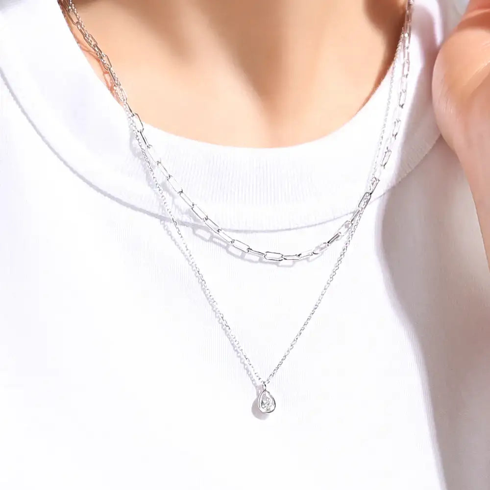 OST - Double Chain Water Drop Cubic Silver Necklace - OST - Jewelry - Harumio