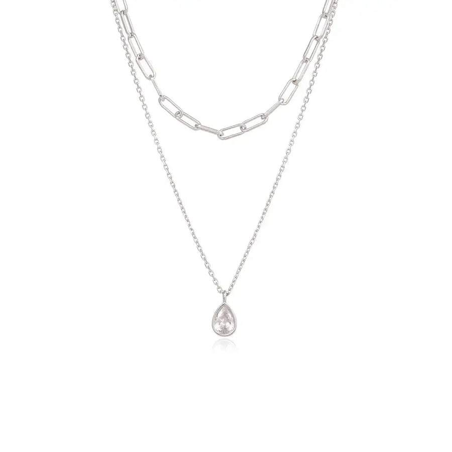 OST - Double Chain Water Drop Cubic Silver Necklace - OST - Jewelry - Harumio