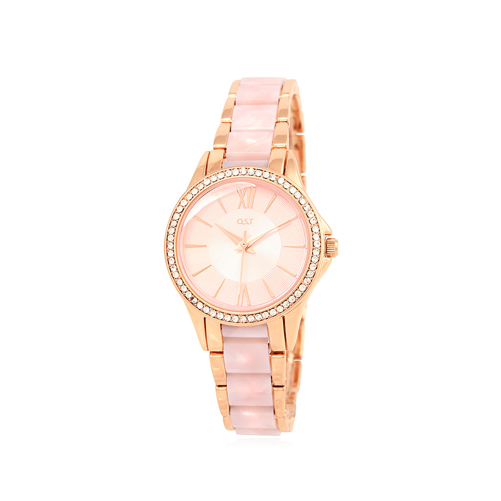 OST - Pink Mood Cubic Rose Gold Women's Metal Watch