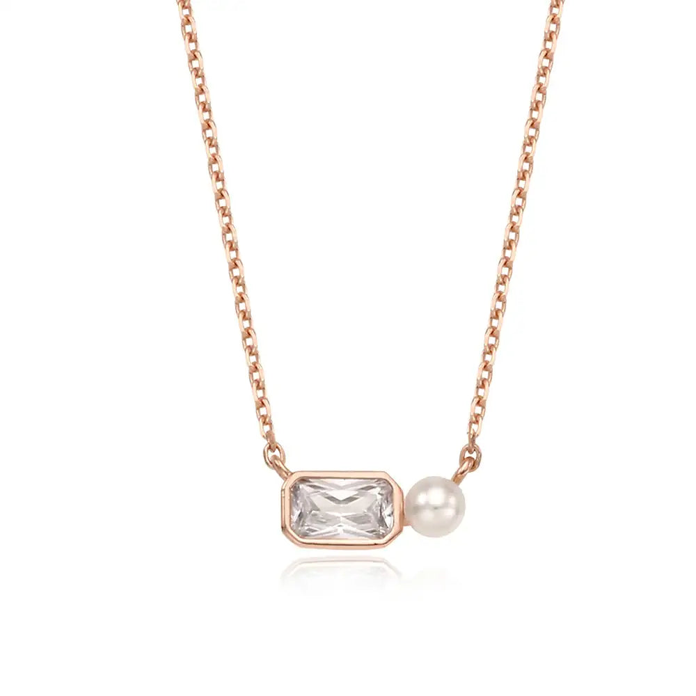 OST - Square Cubic and Pearl Silver Necklace - OST - Jewelry - Harumio