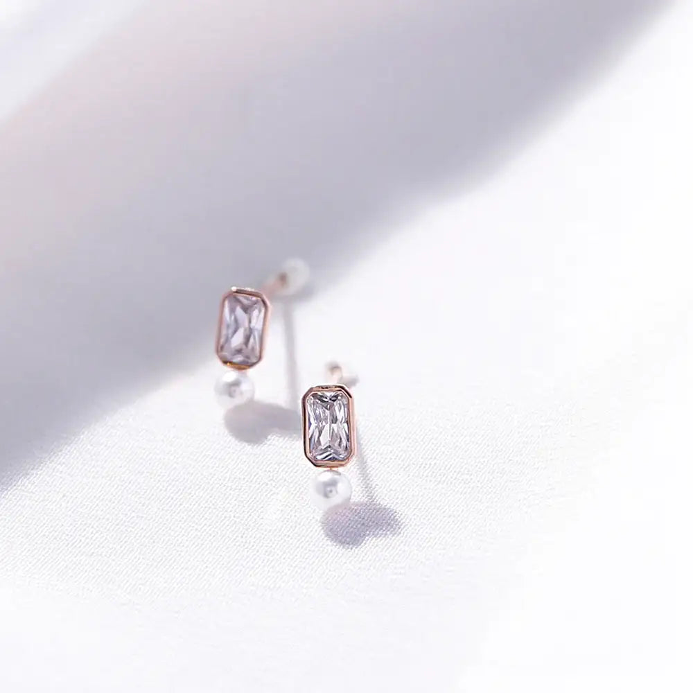 OST - Square Cubic and Pearl Silver Earrings - OST - Jewelry - Harumio
