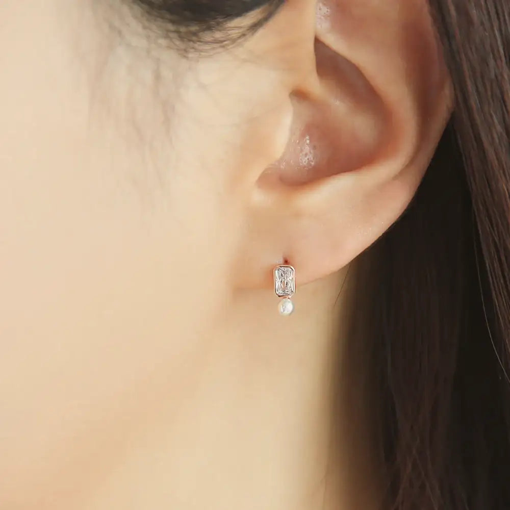 OST - Square Cubic and Pearl Silver Earrings - OST - Jewelry - Harumio