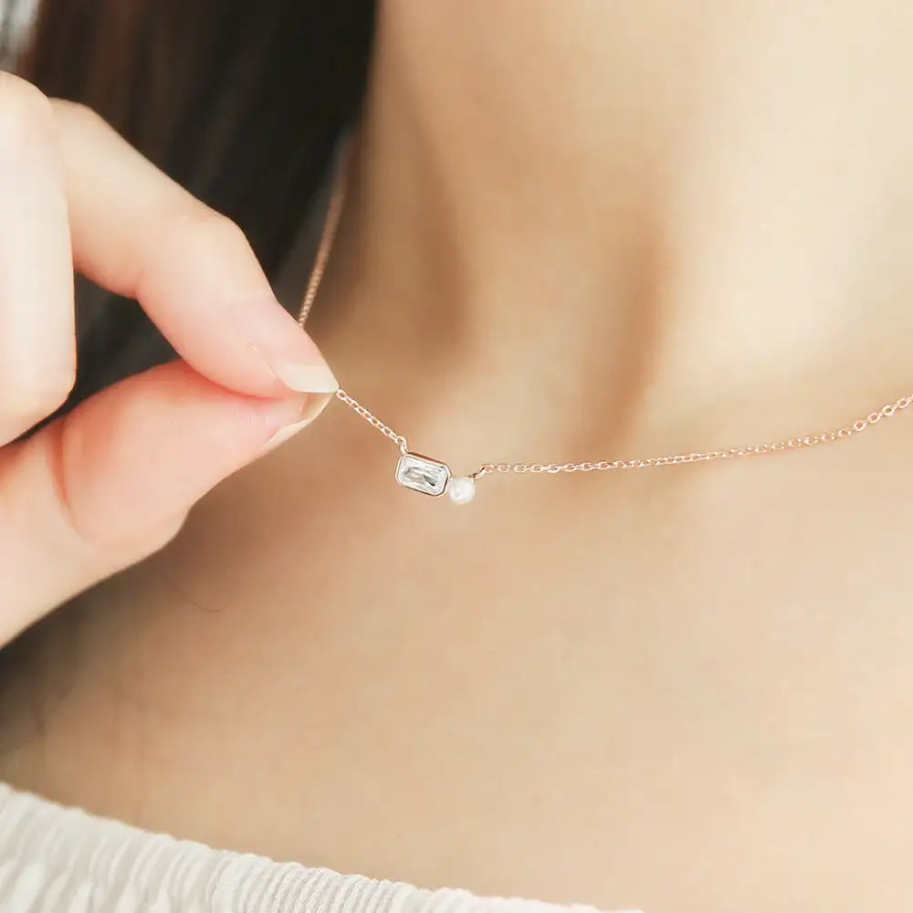 OST - Square Cubic and Pearl Silver Necklace - OST - Jewelry - Harumio