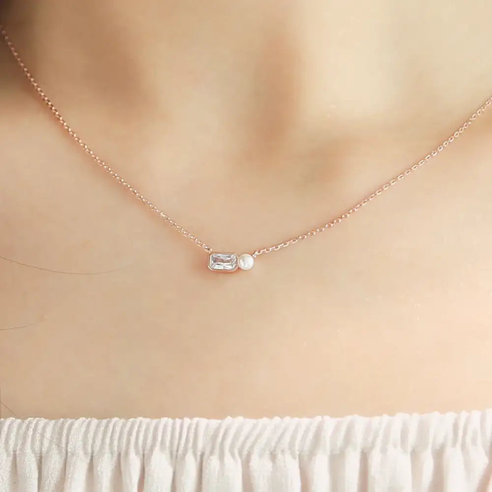 OST - Square Cubic and Pearl Silver Necklace - OST - Jewelry - Harumio