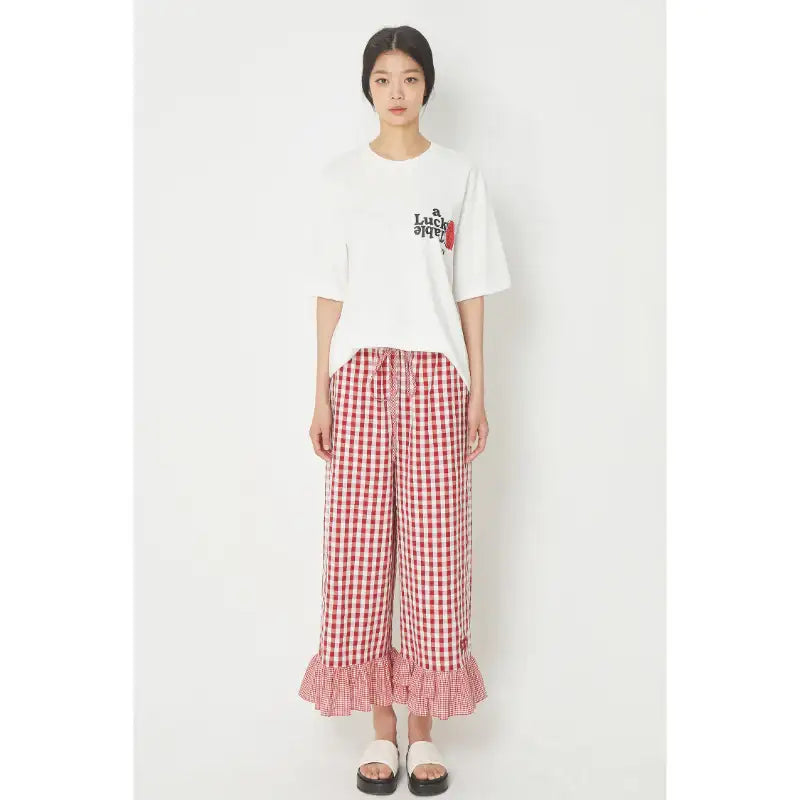 Common Kitchen X Lucky Chouette - A Lucky Table Check Banding Pants - Common Kitchen X Lucky Chouette - Clothes - Harumio