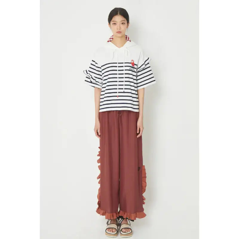 Common Kitchen X Lucky Chouette - A Lucky Table Ruffle Detail Stripe Hoody T-Shirt - Common Kitchen X Lucky Chouette - Clothes - Harumio
