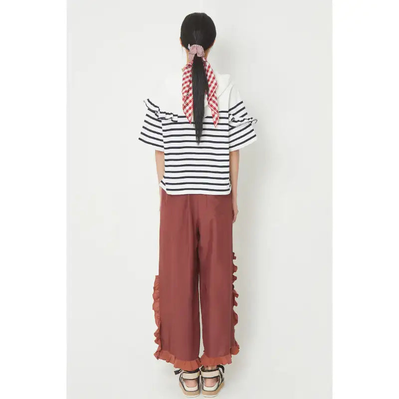 Common Kitchen X Lucky Chouette - A Lucky Table Ruffle Detail Stripe Hoody T-Shirt - Common Kitchen X Lucky Chouette - Clothes - Harumio
