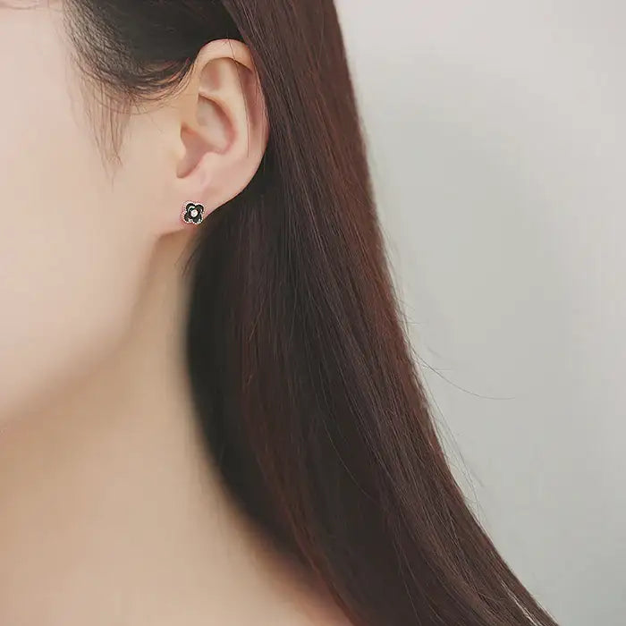 OST - Petite Black Flower Rose Gold Earrings - OST - Jewelry - Harumio