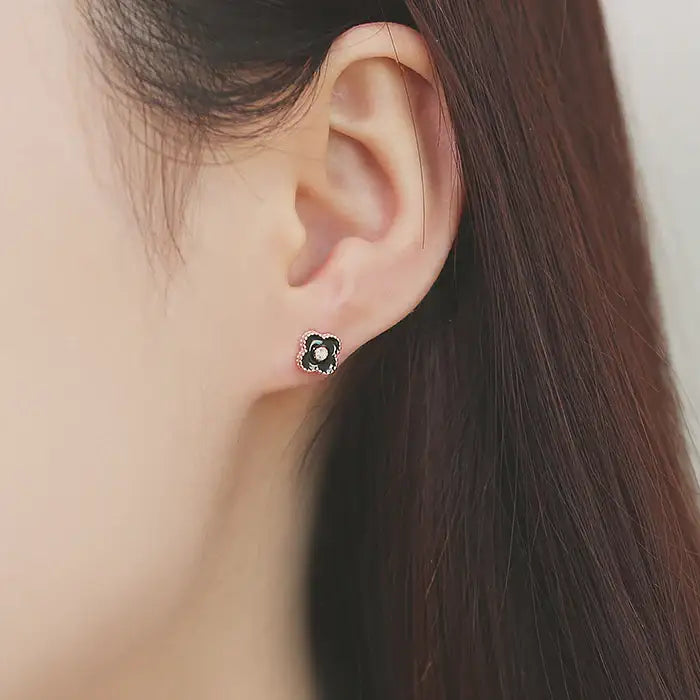 OST - Petite Black Flower Rose Gold Earrings - OST - Jewelry - Harumio