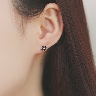 OST - Petite Black Flower Rose Gold Earrings