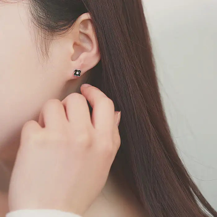 OST - Petite Black Flower Rose Gold Earrings - OST - Jewelry - Harumio
