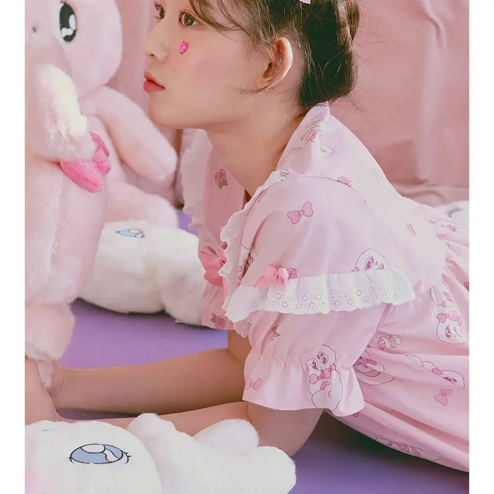 Esther Bunny x Ullala - Heart Bunny Short Sleeve with Lace Pajamas Set - Esther Bunny x Ullala - Clothing - Harumio