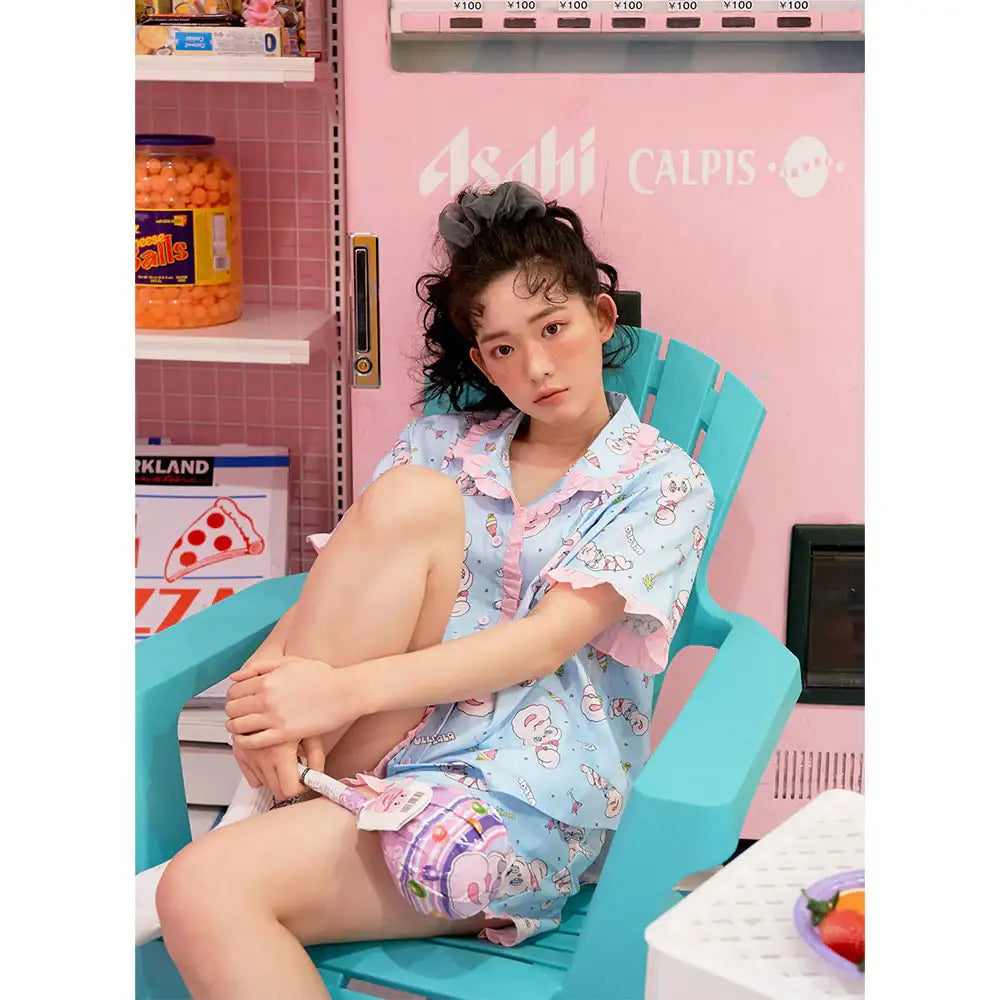 Esther Bunny x Ullala - Vacation Bunny Blue Short Sleeve Pajamas Set - Esther Bunny x Ullala - Clothing - Harumio