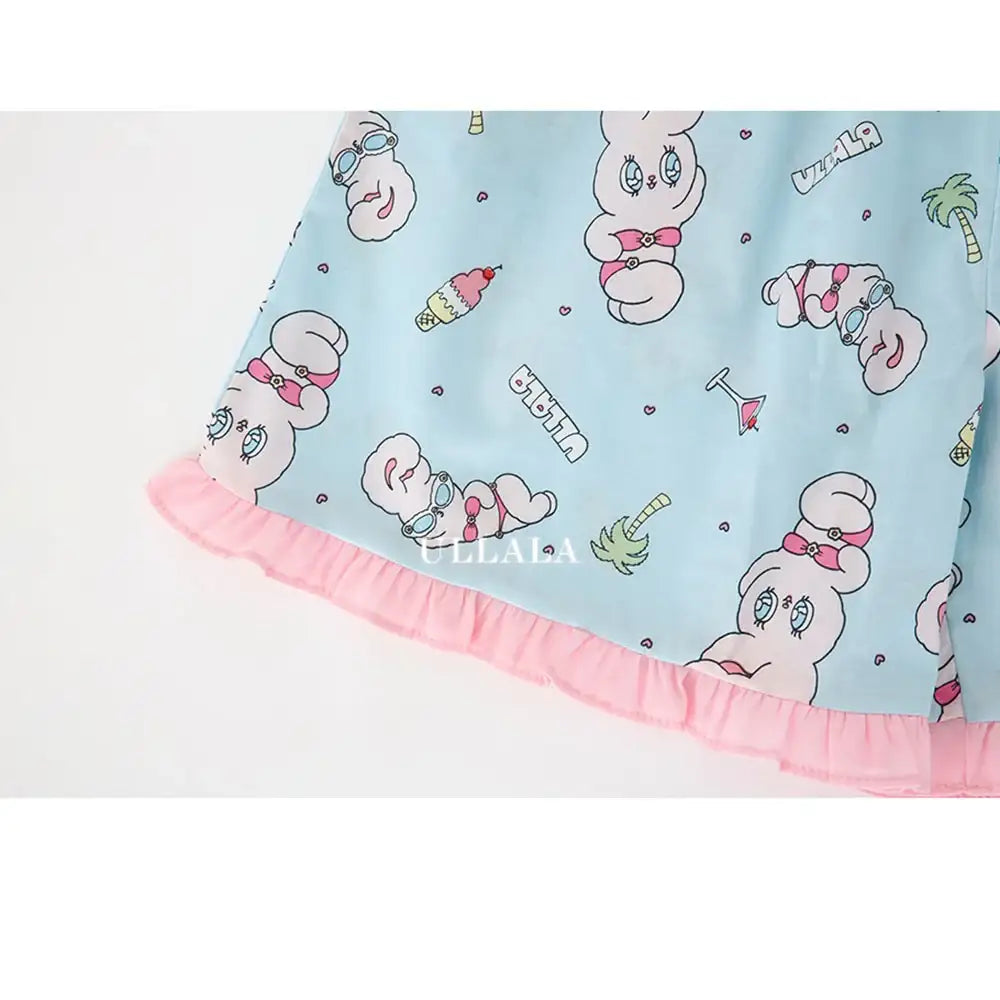 Esther Bunny x Ullala - Vacation Bunny Blue Short Sleeve Pajamas Set - Esther Bunny x Ullala - Clothing - Harumio