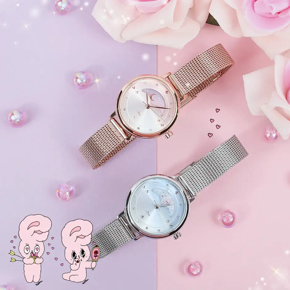 Clue X Esther Bunny - Beautiful Bunny Moon Phase Rose Gold Mesh Watch - CLUE - Accessories - Harumio