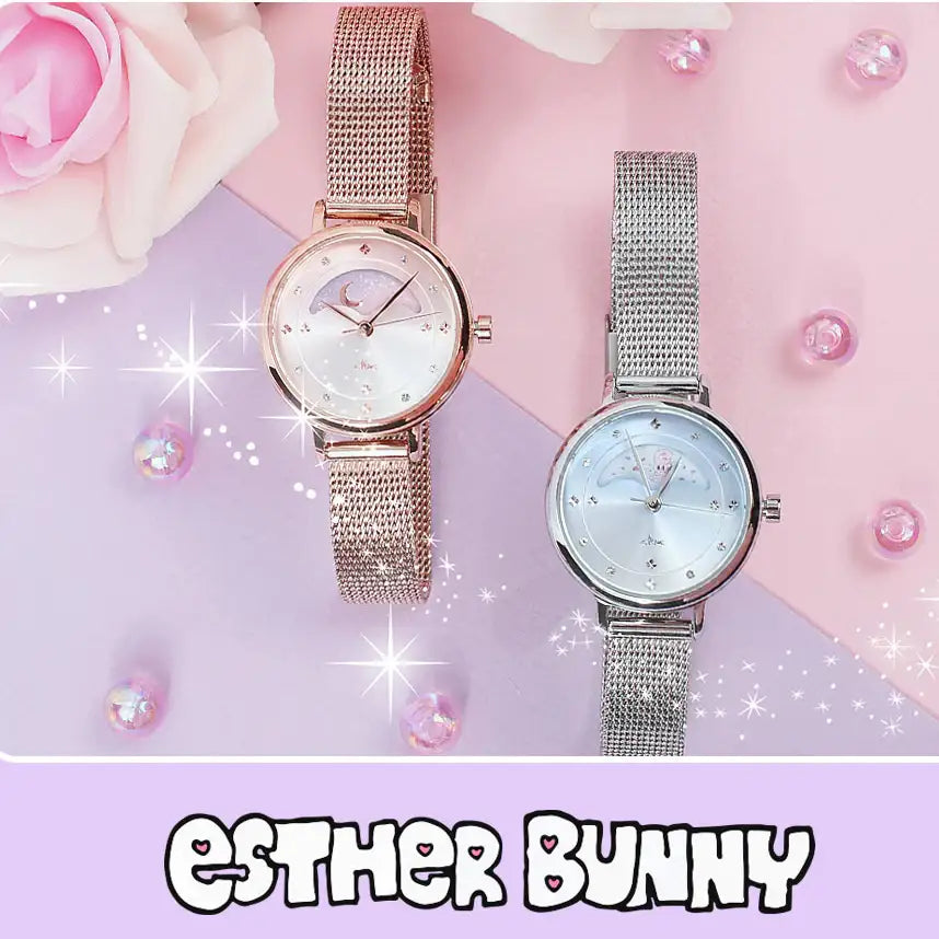 Clue X Esther Bunny - Beautiful Bunny Moon Phase Rose Gold Mesh Watch - CLUE - Accessories - Harumio