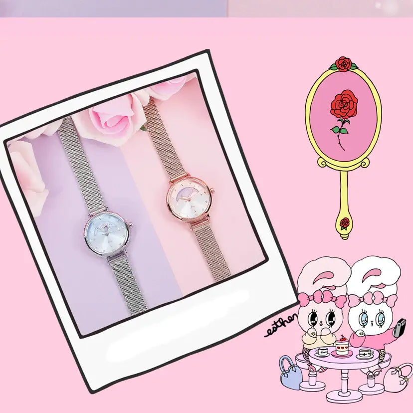 Clue X Esther Bunny - Beautiful Bunny Moon Phase Rose Gold Mesh Watch - CLUE - Accessories - Harumio
